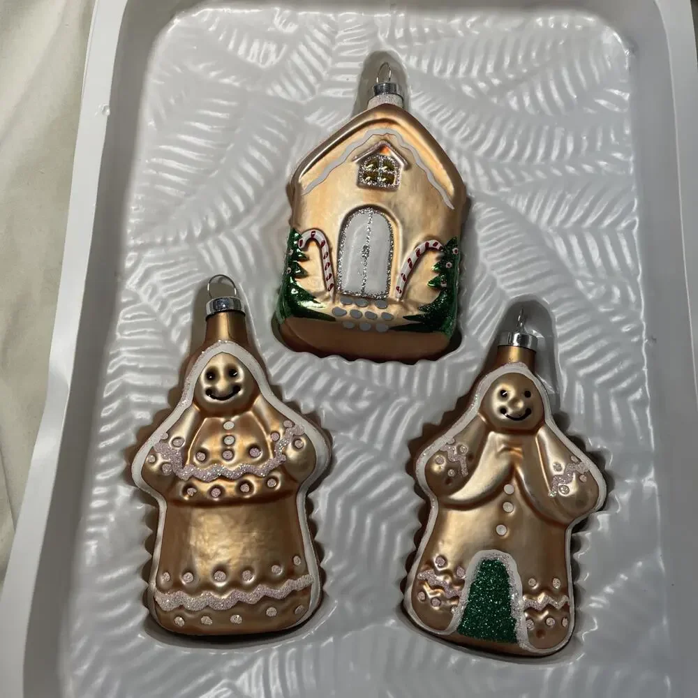 Vtg NOS Set of 3 Christmas Trimmeries Hand Decorated Glass Gingerbread Ornaments